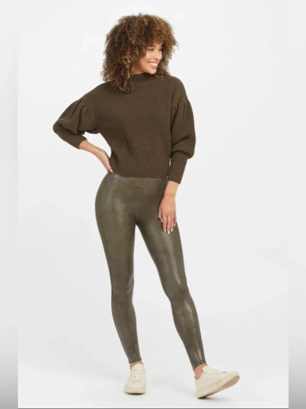 Spanx Faux Leather Croc Embossed Leggings Dark Olive High Rise Slim Fit Size M